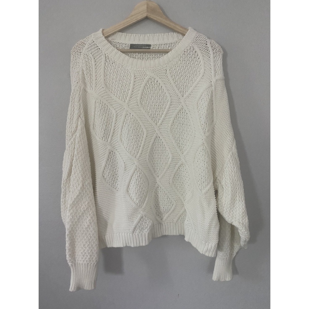 Anthropologie Knit Crew Neck Sweater Women Sz L Ivory White 100% Cotton